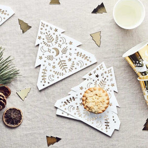 Gold foil Christmas tree shaped paper napkins for Christmas dinners and festive celebrations