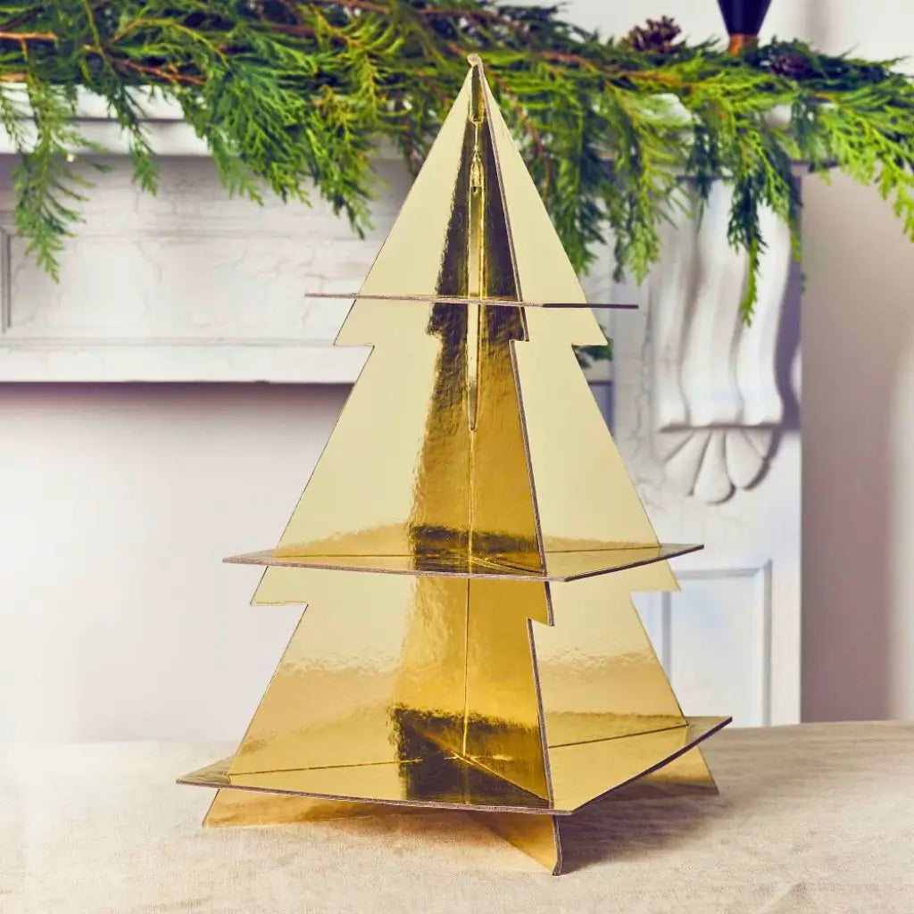 Festive Folklore gold Christmas tree cake stand three-tier design for holiday desserts