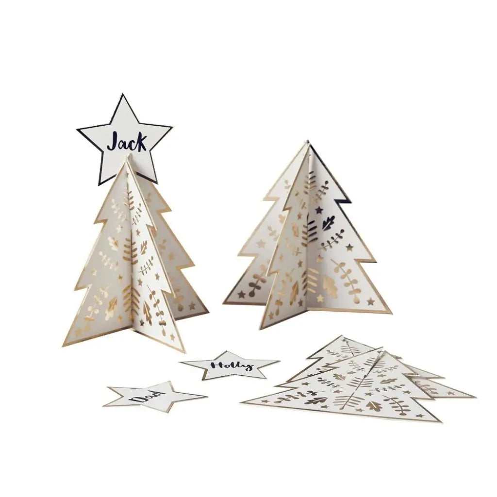 Festive Folklore Christmas place cards with 3D tree design and gold foil details