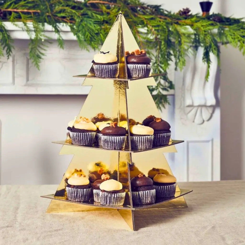 Festive Folklore gold Christmas tree cake stand three-tier design for holiday desserts