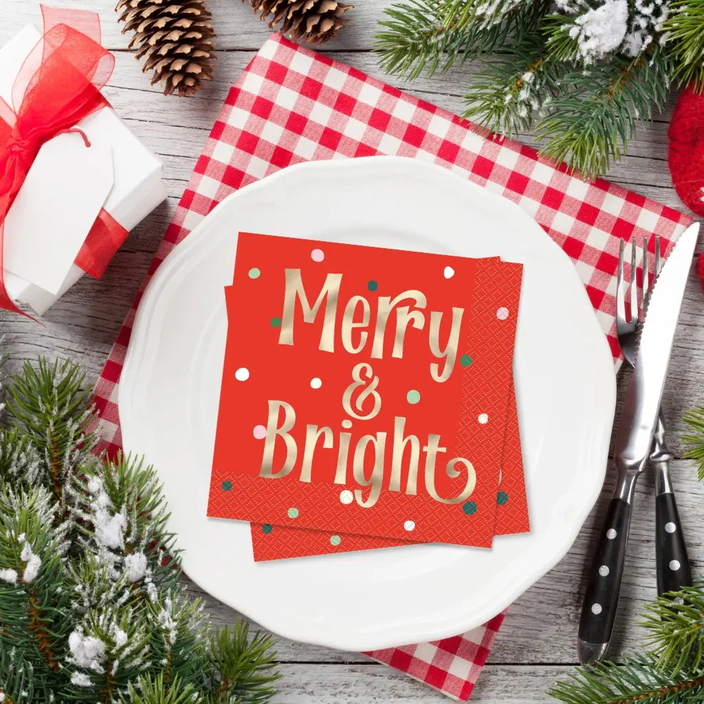 Vintage Christmas Merry & Bright foil luncheon napkins 16pk with red and gold design