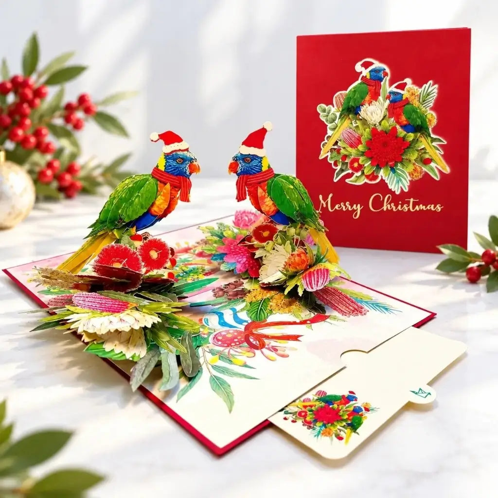 Pair of rainbow lorikeets Christmas 3D pop-up card