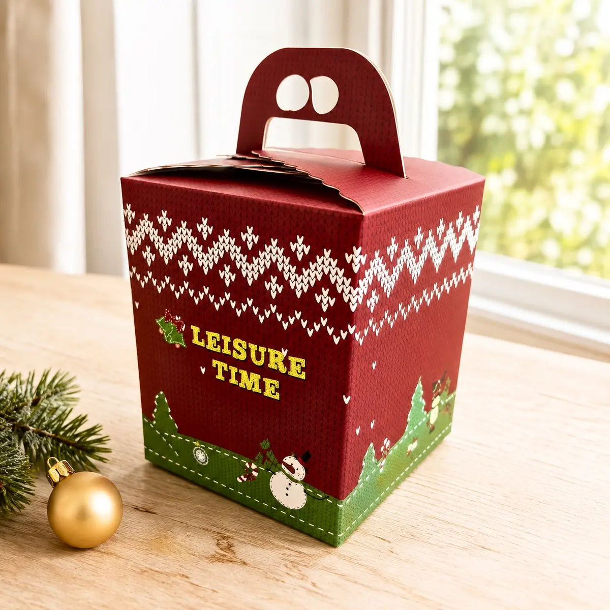 Festive one-hole cupcake carrier box with a built-in handle