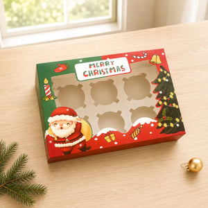 Six-hole Christmas cupcake box featuring Santa and a decorated tree