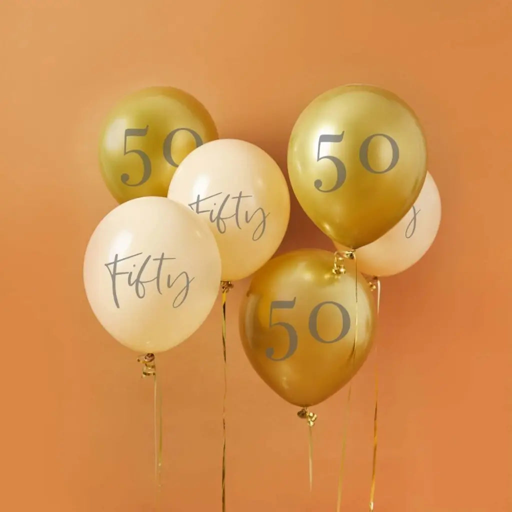 Gold and ivory 50th birthday latex balloons measuring 30cm