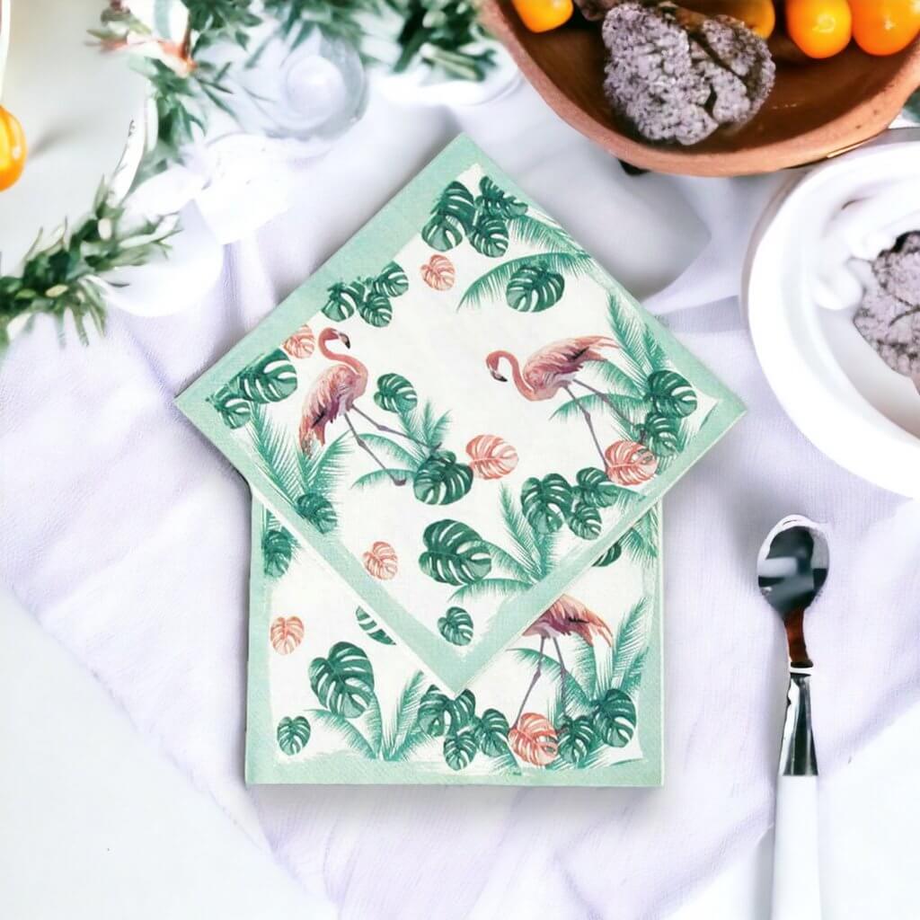 Flamingo & Monstera Tropical Leaves Paper Lunch Napkins 16 Pack