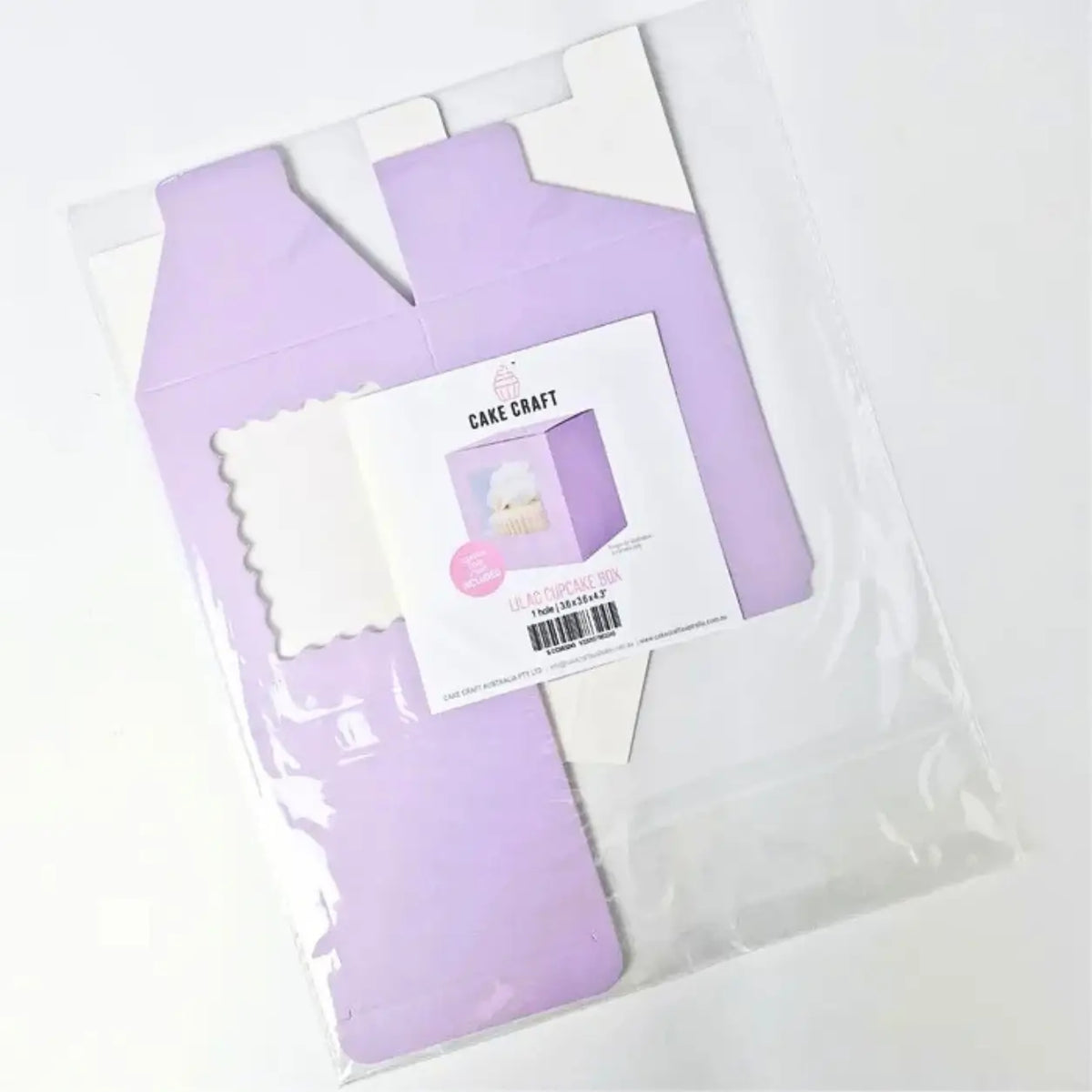 Flat-packed lilac cupcake packaging ready for assembly
