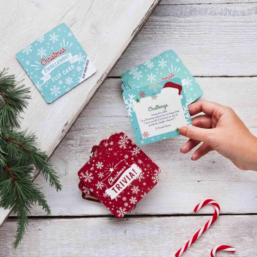 Flip Your Fate Christmas card game 121 cards including trivia and challenge cards