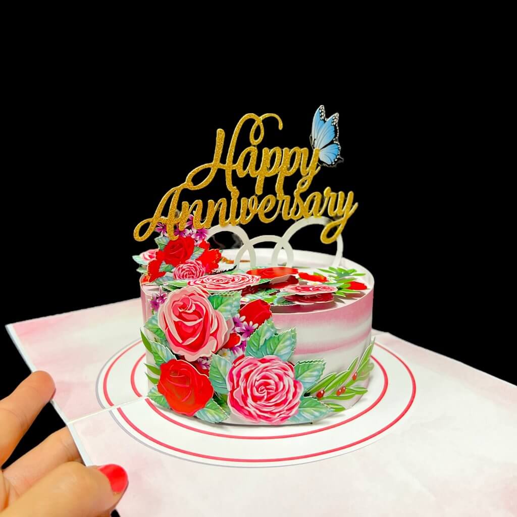 Delux Embossed Floral Happy Anniversary Cake Pop Up Card