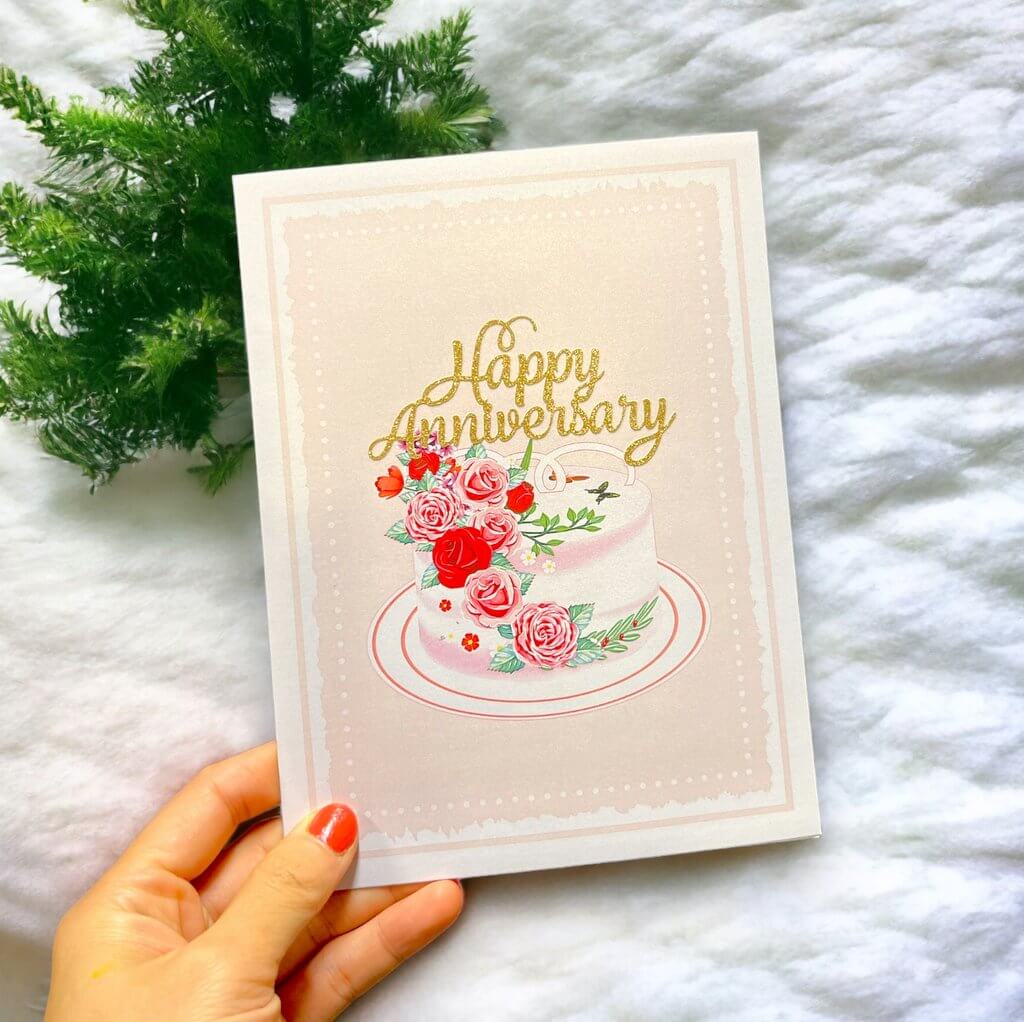 Delux Embossed Floral Happy Anniversary Cake Pop Up Card