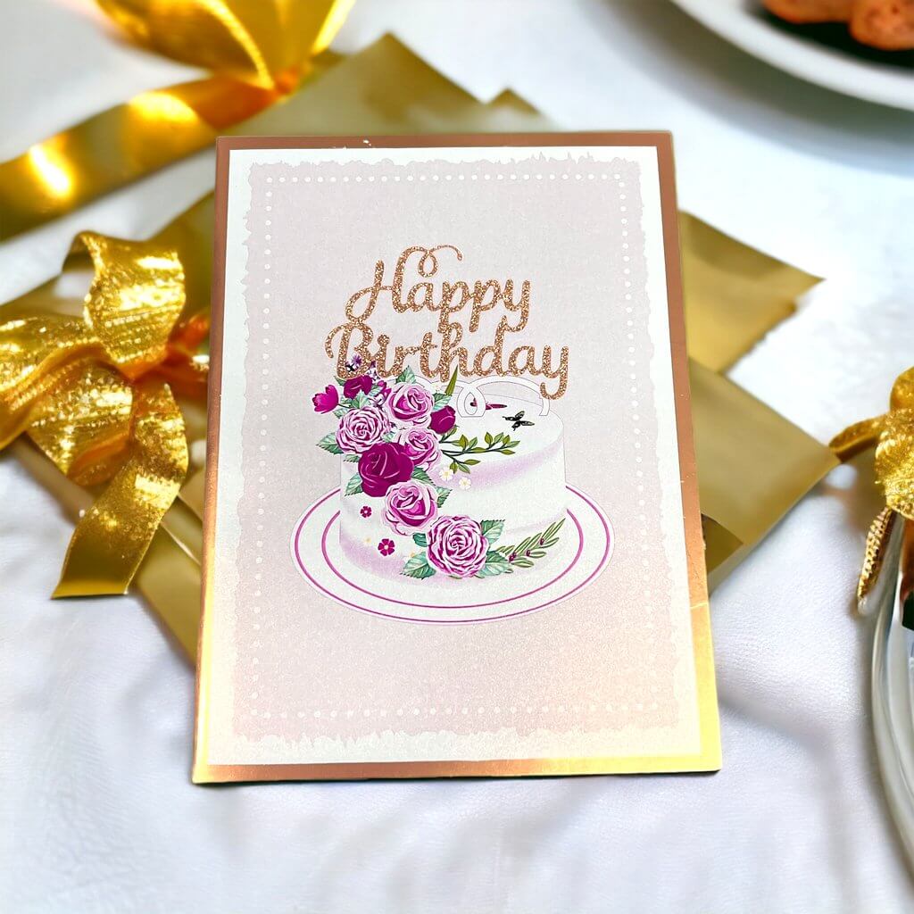 Delux Embrossed Floral Happy Birthday Cake Pop Up Card