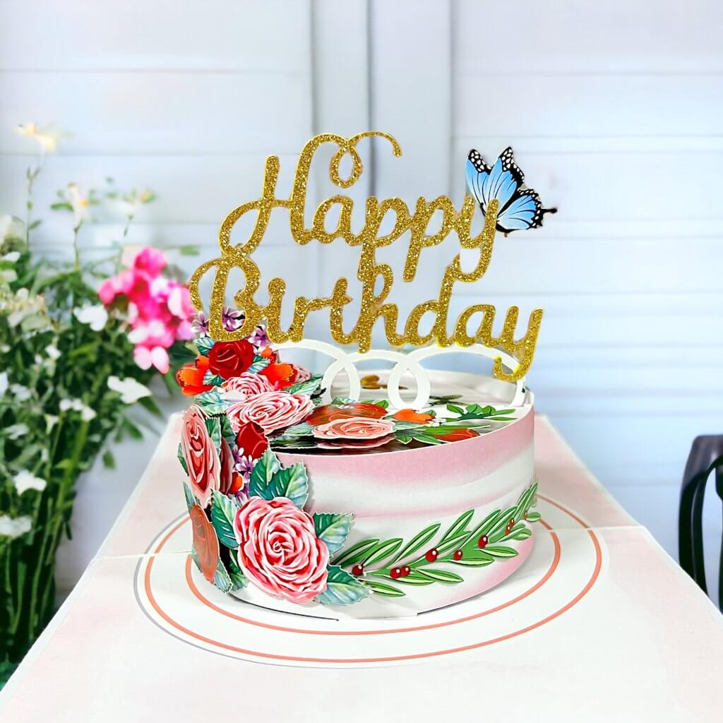 Happy Birthday Cake with Roses Pop Up Card