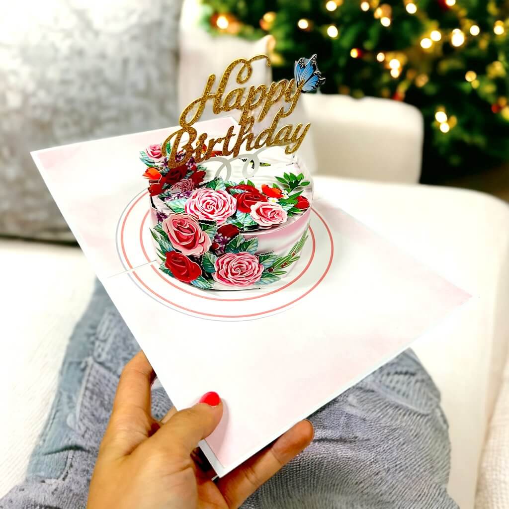 Happy Birthday Cake with Roses Pop Up Card