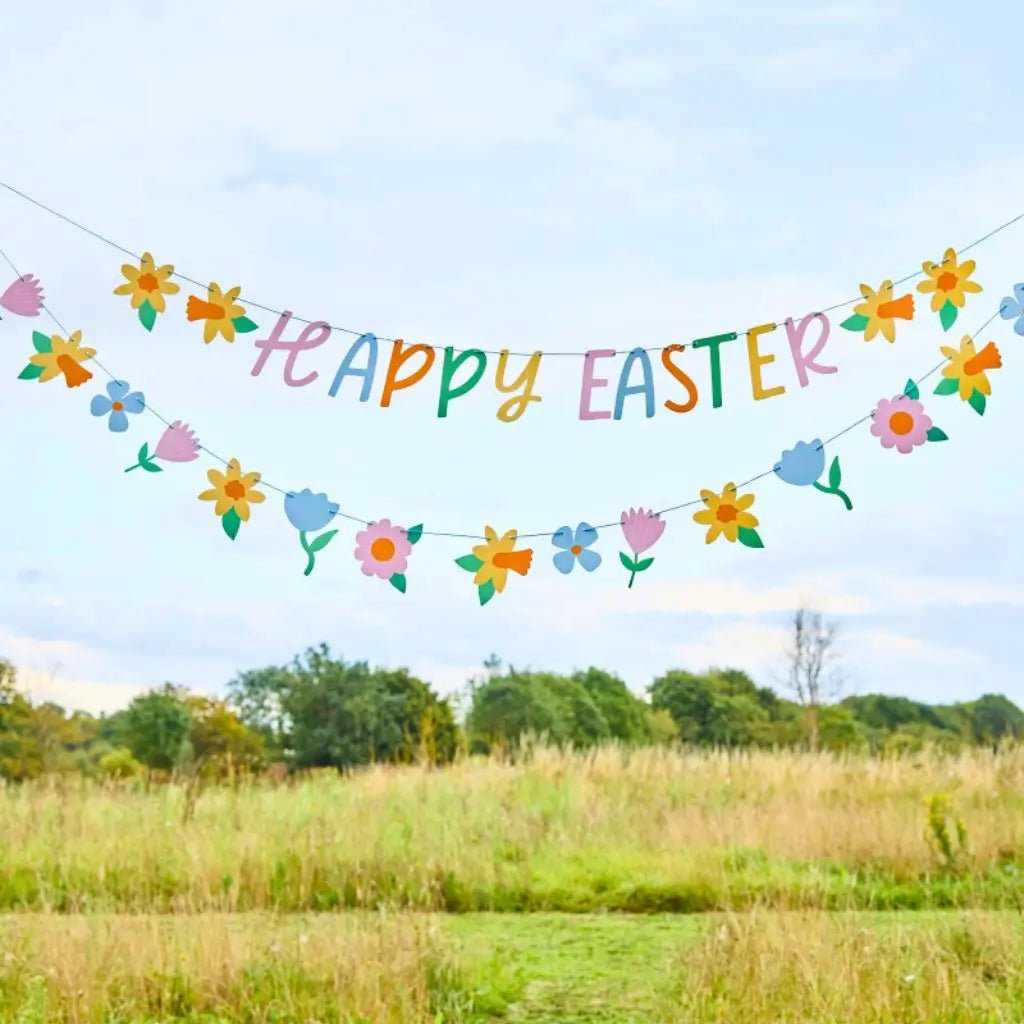 Multicolour Easter banner with flowers for spring party décor