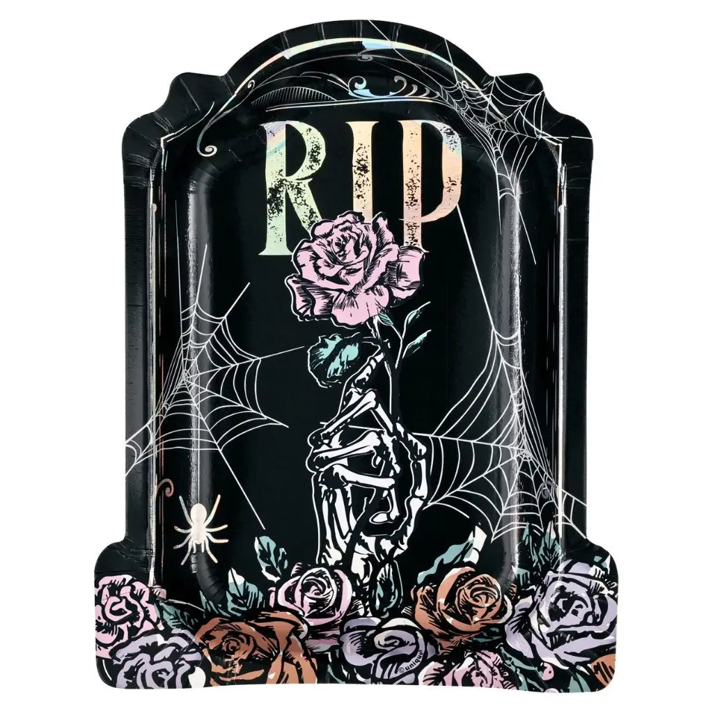 Floral Skulls RIP tombstone-shaped Halloween paper plates in a pack of eight