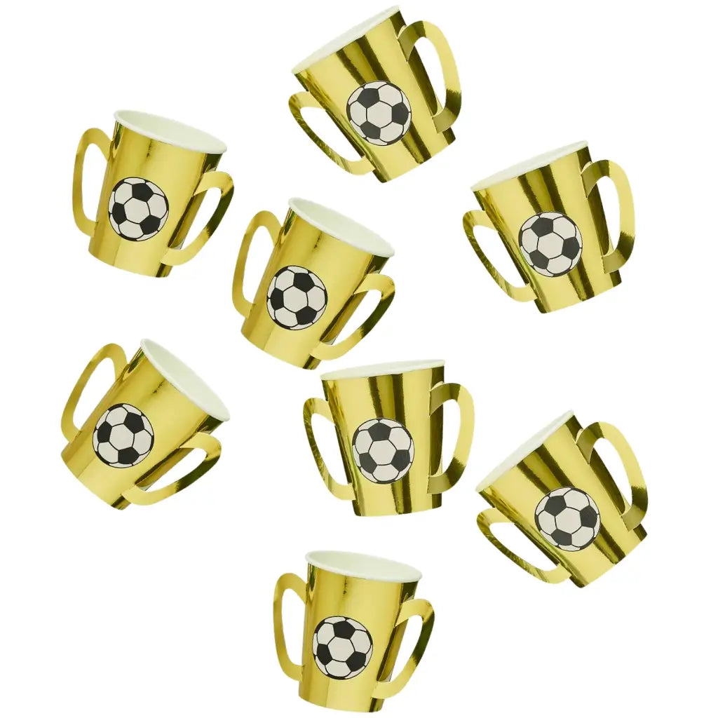 pack of 8 gold trophy soccer paper cups birthday tableware