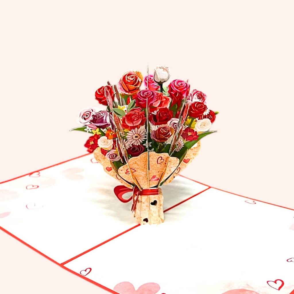 Handmade FOR YOU Red Rose Bouquet 3D Floral Origami Pop Card