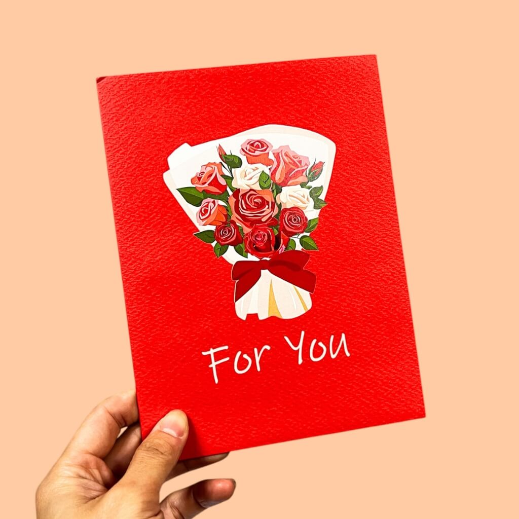 Handmade FOR YOU Red Rose Bouquet 3D Floral Origami Pop Card