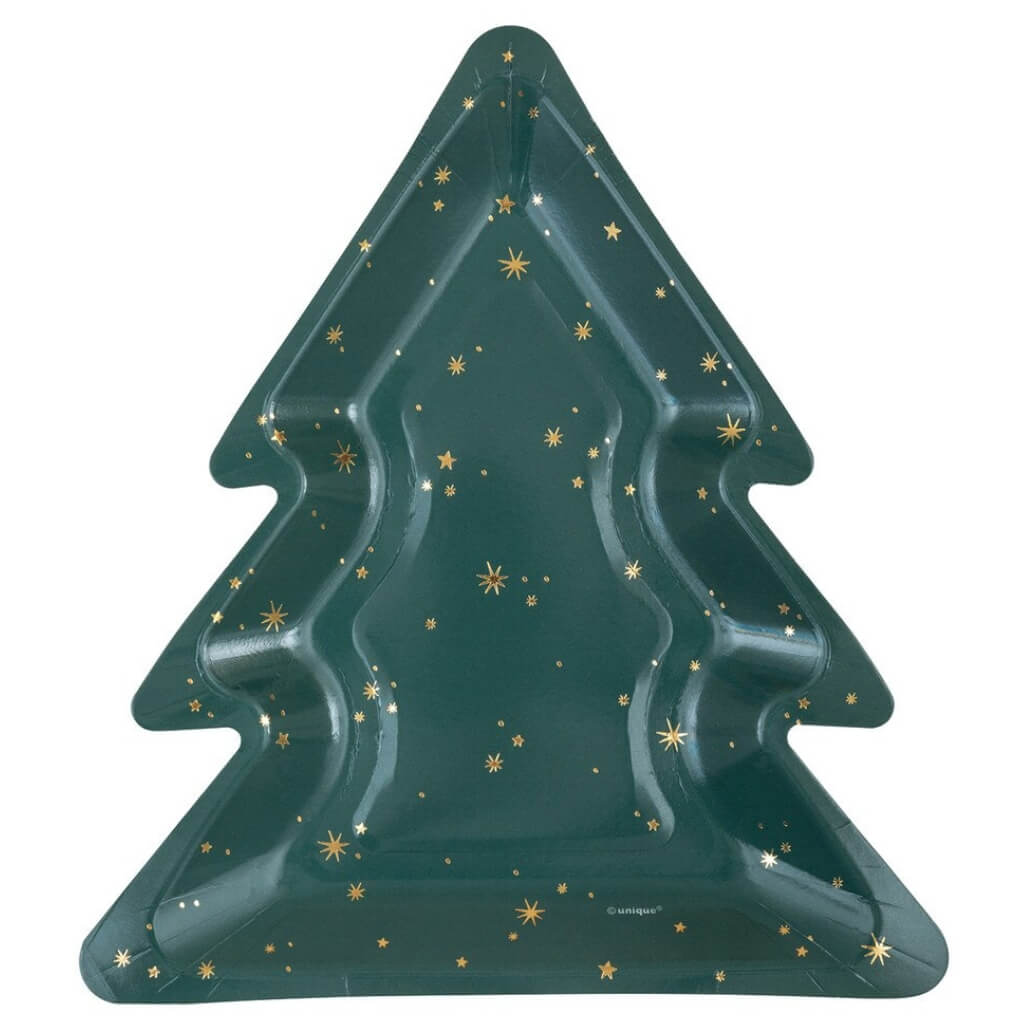 Modern Christmas Tree with Gold Stars  Paper Plates 8pk – Tree Shaped Party Plates 21cm