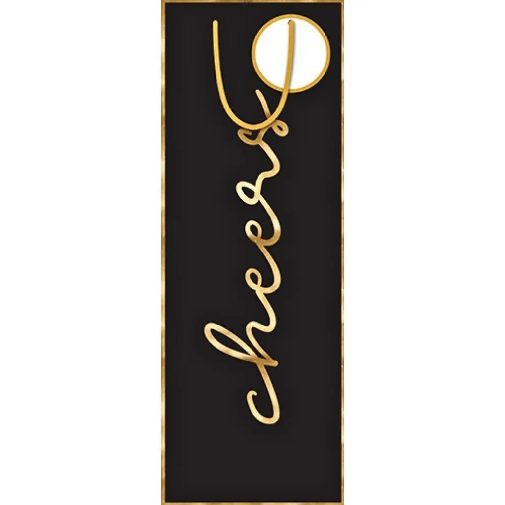Formal Cheers black and gold bottle gift bag with cord handle and tag