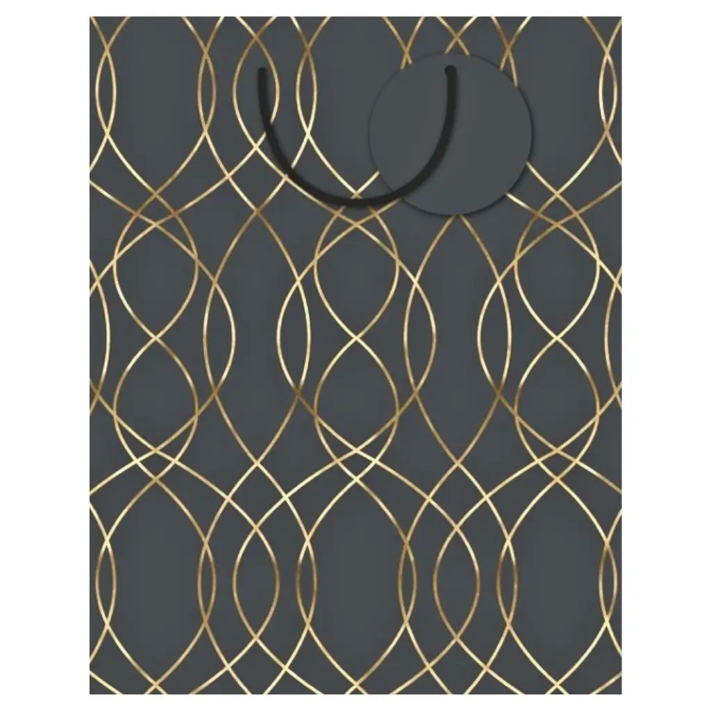 Formal Lattice medium gift bag featuring a black finish with elegant gold foil geometric pattern and black cord handles