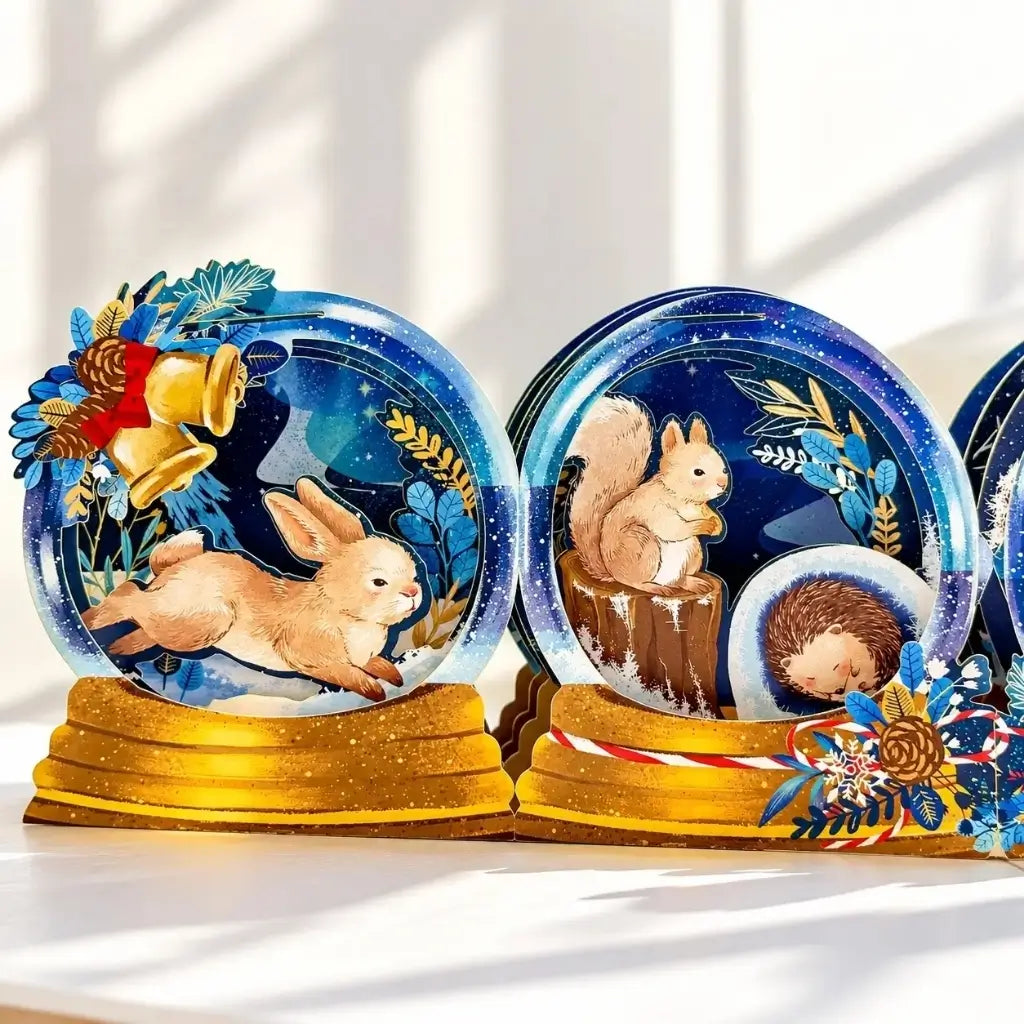 Squirrel and hedgehog woodland Christmas card with snow globe scenes