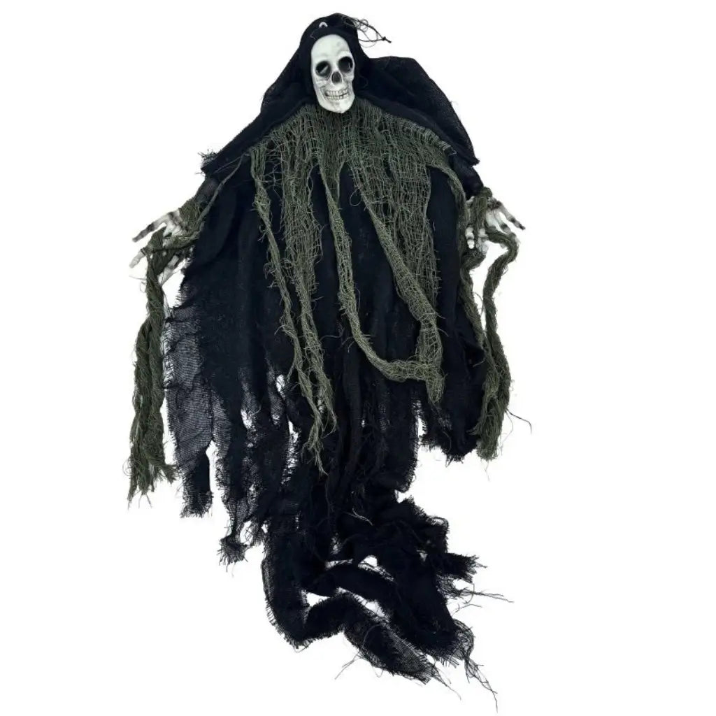 Fright Night Grim Reaper hanging Halloween decoration with a skull face and tattered robes