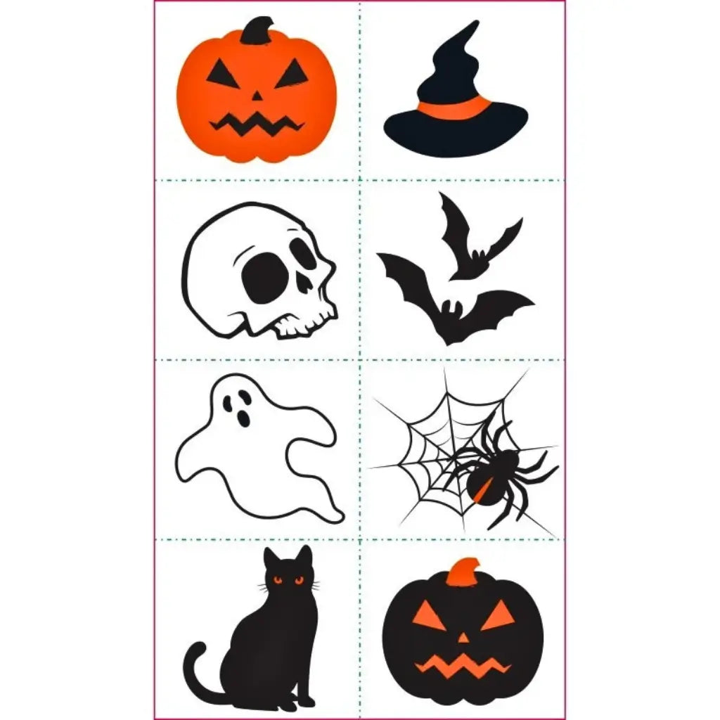 Fright Night Halloween temporary tattoos featuring eight assorted designs