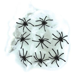 Fright Night stretchable white spider web with eight black spiders