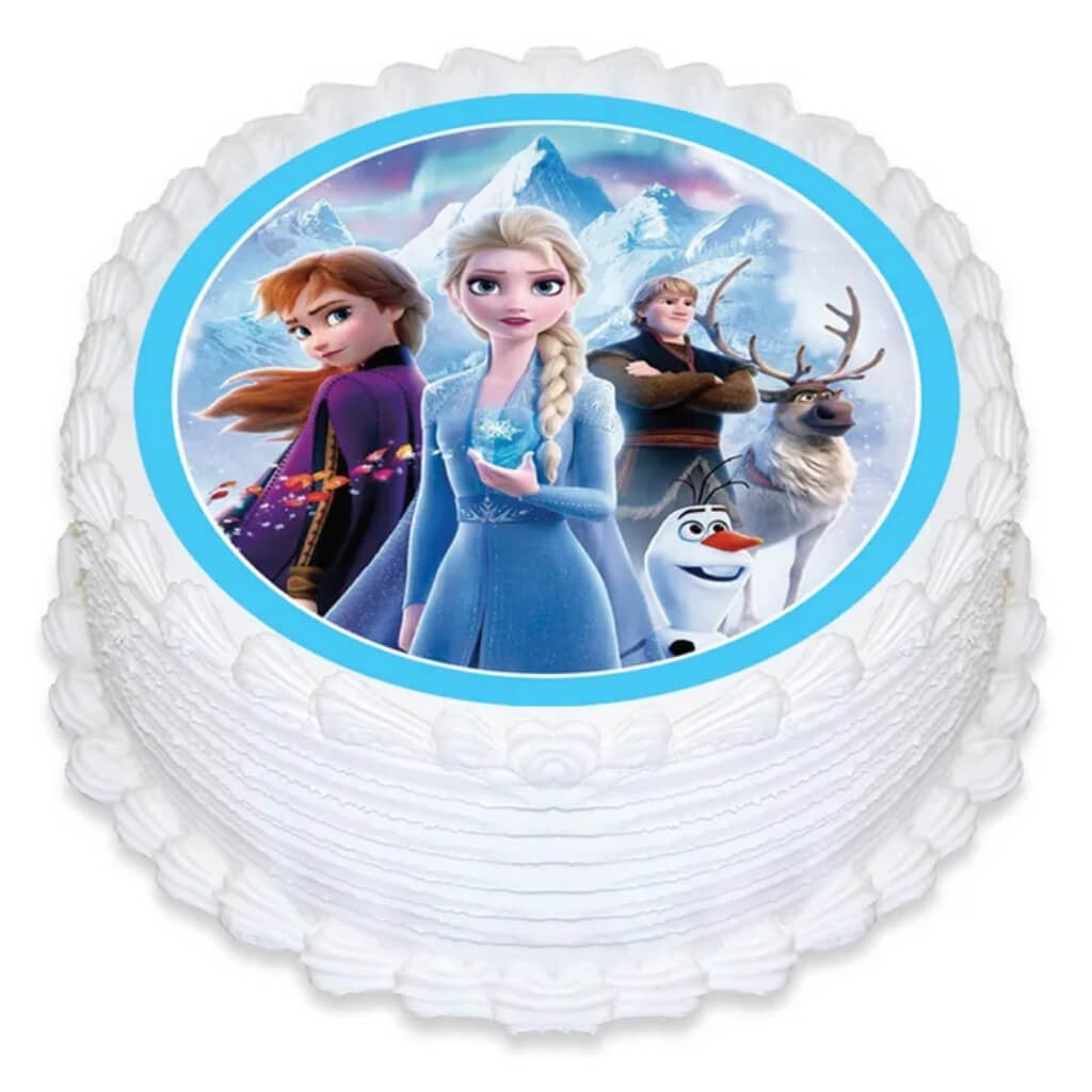Frozen 2 round edible cake image featuring Elsa, Anna, Olaf, Kristoff and Sven.