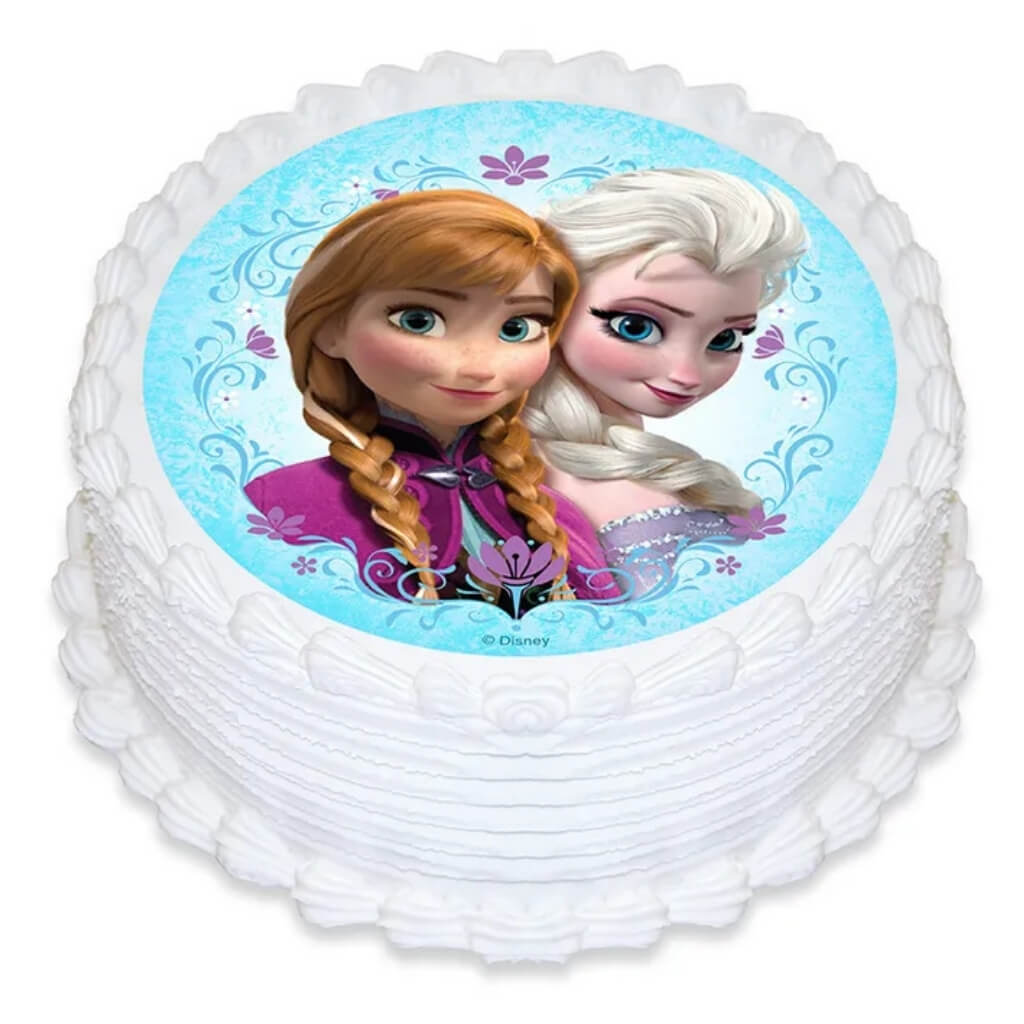 Disney Frozen Anna and Elsa round edible cake image for birthday cakes.