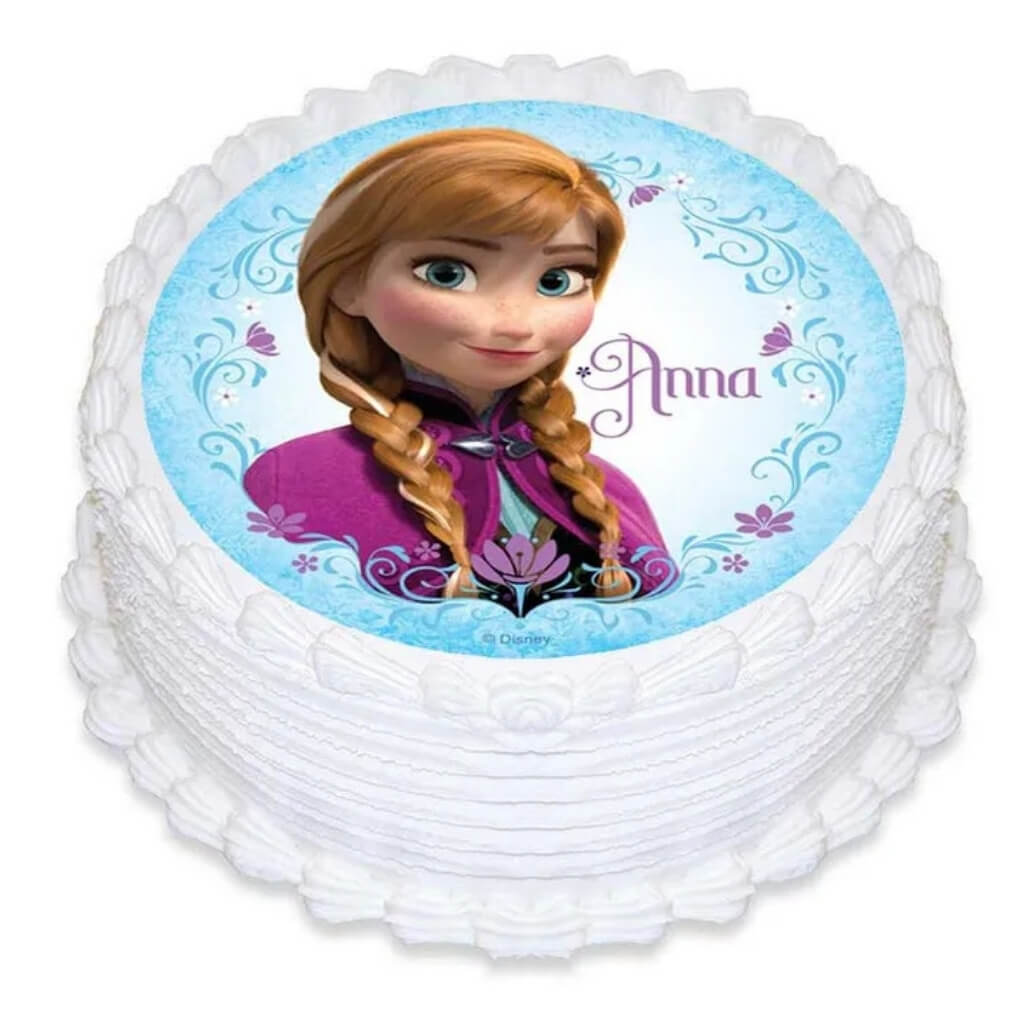 Disney Frozen Anna round edible cake image for birthday cakes.