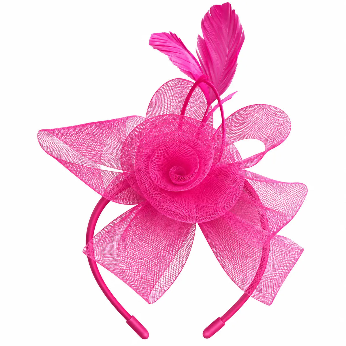 Milani fuchsia flower fascinator headband with mesh loops and feathers