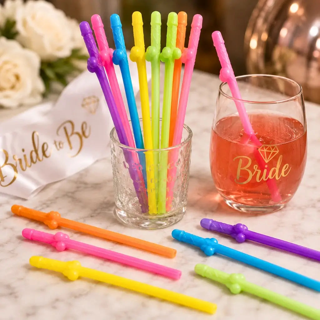 Multicoloured Naughty Hens Party Penis Shaped Drinking Straws 10 Pack