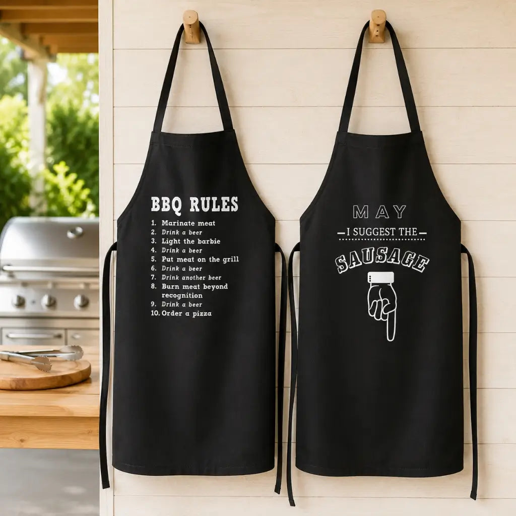 two funny black barbecue aprons for Dad with white printed designs
