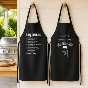 two funny black barbecue aprons for Dad with white printed designs
