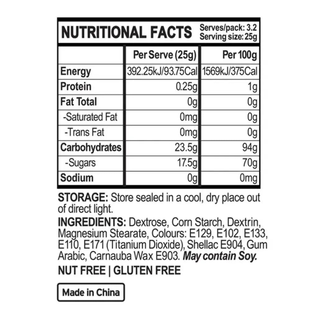 Nutritional facts label with energy, protein, fat, carbohydrate, and sugar details for minecraft sprinkles bento box