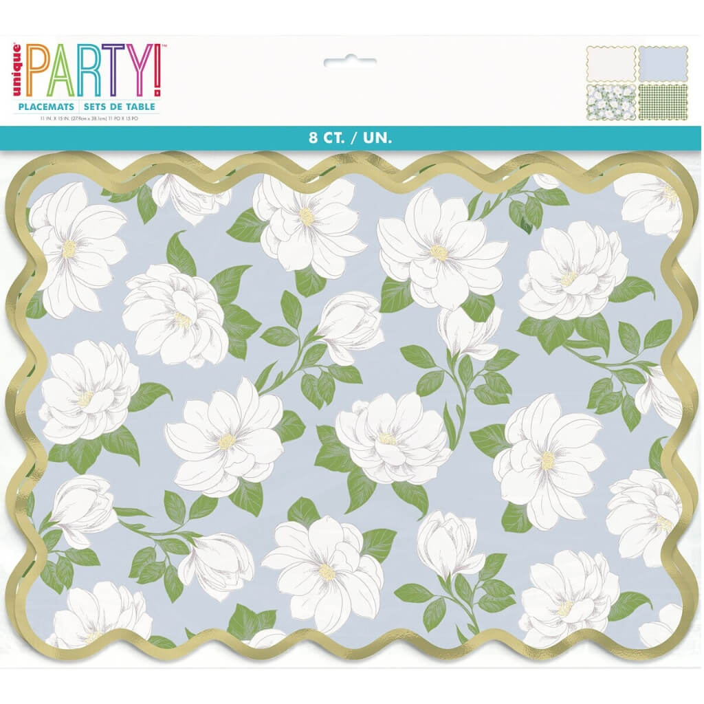 Pack of 8 Garden Party Rectangular Magnolia Flower Foil Stamped Scalloped Edge Paper Placemats.