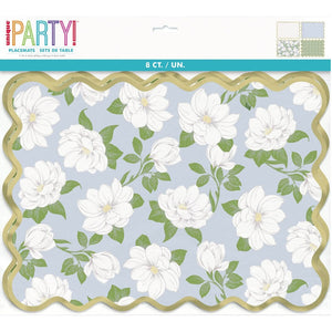 Pack of 8 Garden Party Rectangular Magnolia Flower Foil Stamped Scalloped Edge Paper Placemats.