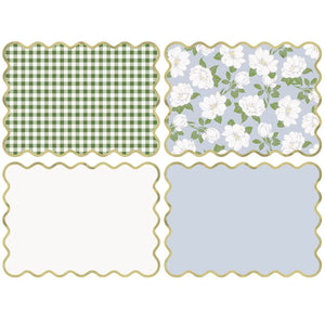 Pack of 8 Garden Party Rectangular Magnolia Flower Foil Stamped Scalloped Edge Paper Placemats.