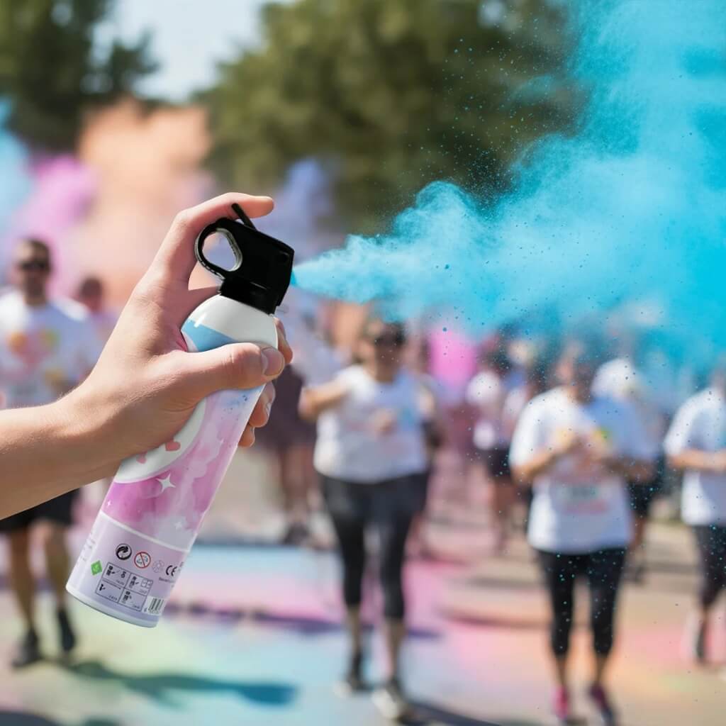 Blue colour blaster releasing powder during outdoor reveal