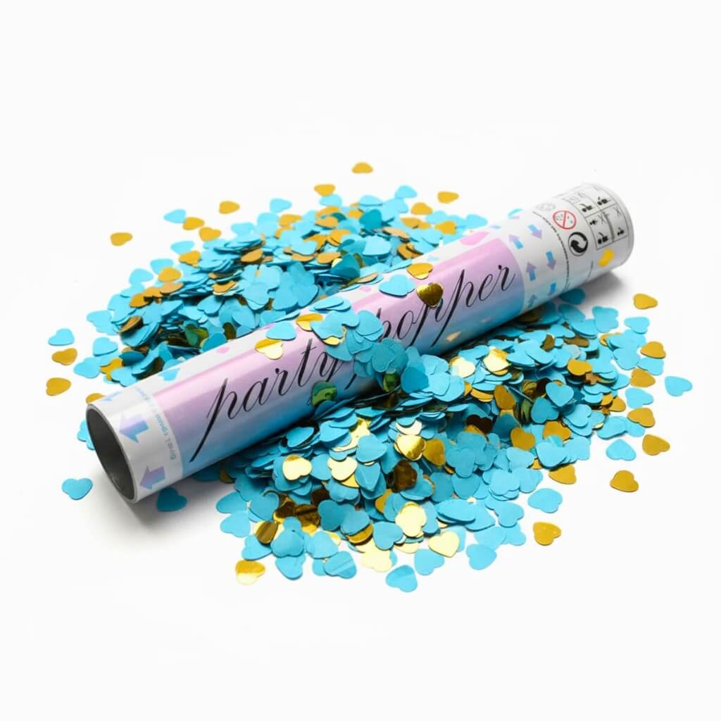 Party Popper Gender Reveal Blue and Gold Heart Confetti 20cm