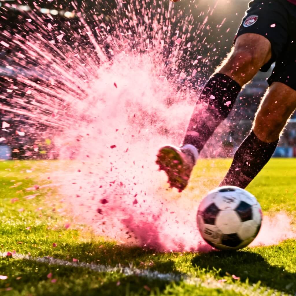 Gender reveal soccer ball with blue powder explosion