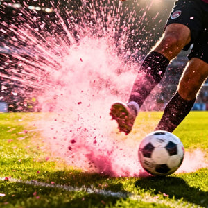Gender reveal soccer ball with pink powder explosion