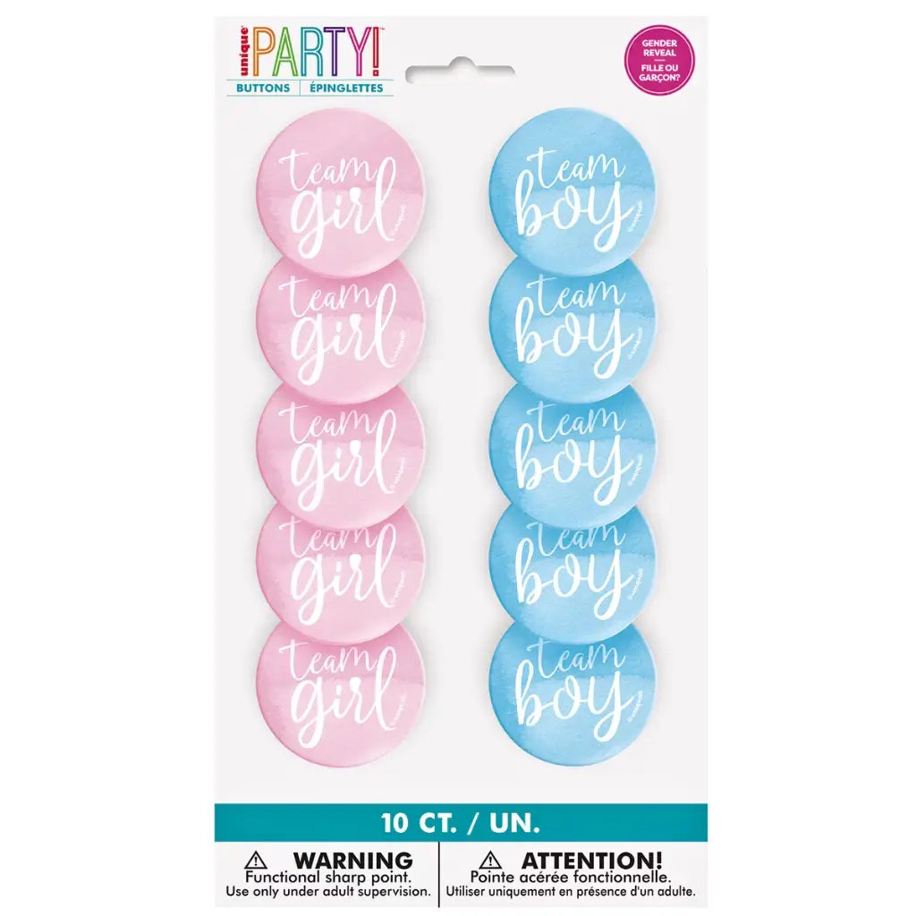 Team Boy and Team Girl metal pin badges for gender reveal party