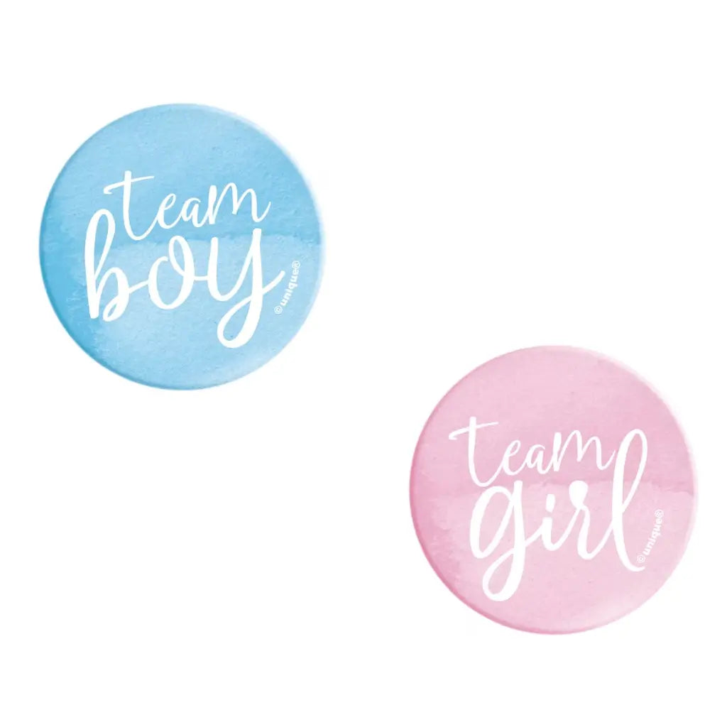 Team Boy and Team Girl metal pin badges for gender reveal party