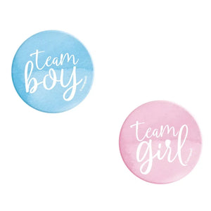 Team Boy and Team Girl metal pin badges for gender reveal party