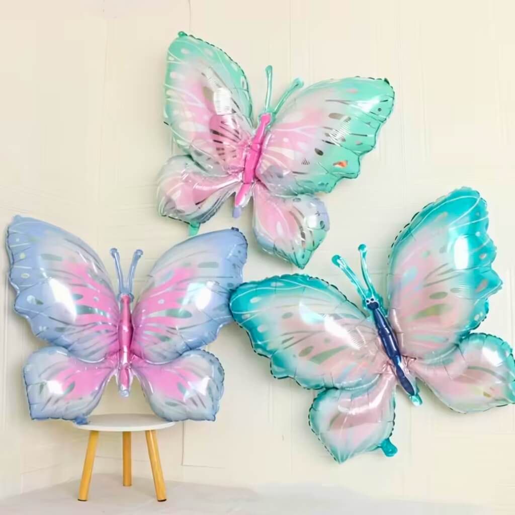 Giant blue green purple butterfly foil balloons for kids insect themed birthday party decorations