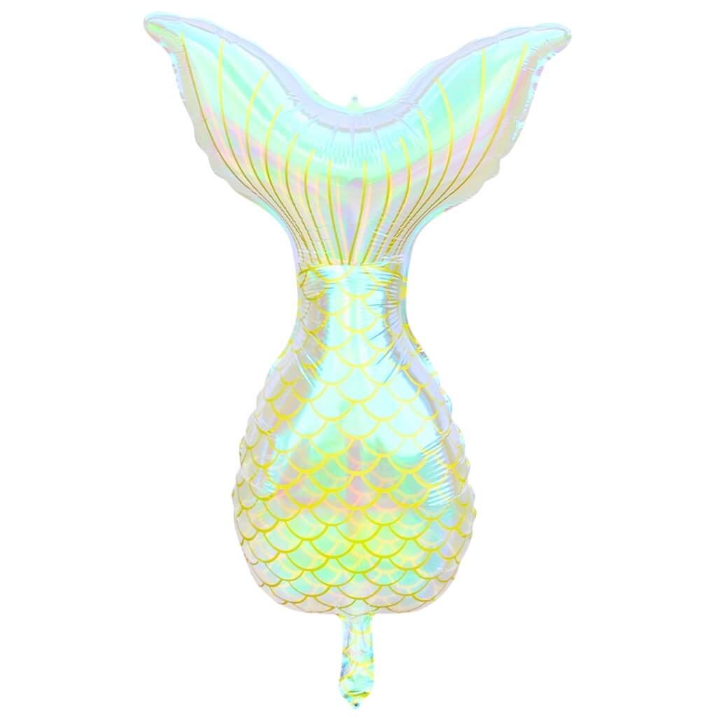 Iridescent mermaid tail-shaped balloon on a white background