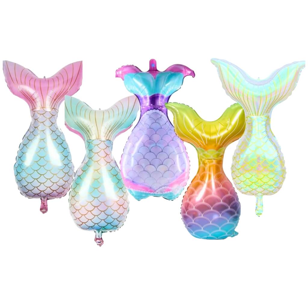 Set of colourful mermaid tail-shaped balloons on a white background